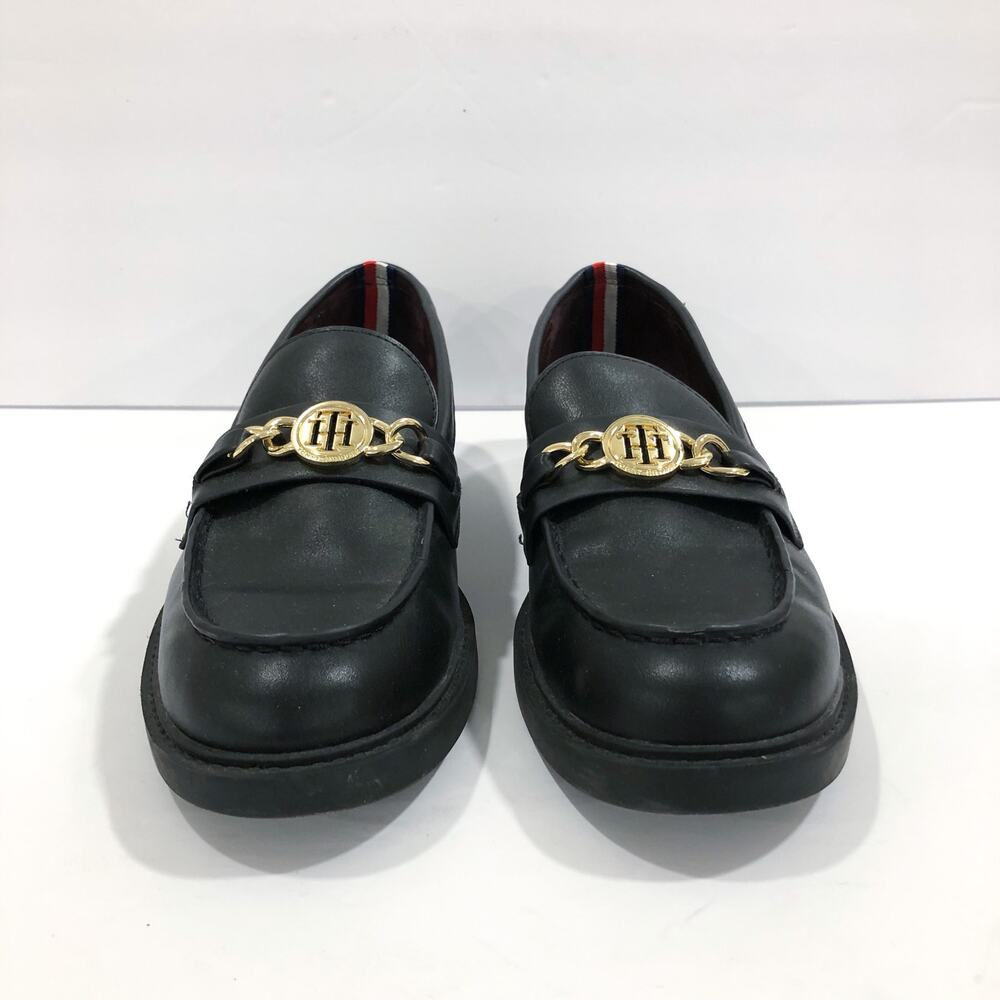Tommy Hilfiger Terina Black Loafers Gold Chain Logo Flats - Picture 4 of 10